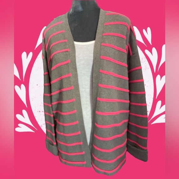 Liz Claiborne Sweaters - Liz Claiborne open front cardigan raised bright pink stripes on medium grey